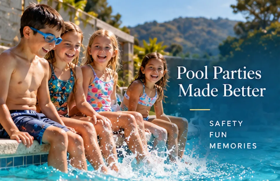 Four children sit on a pool edge, splashing their feet in the water.
