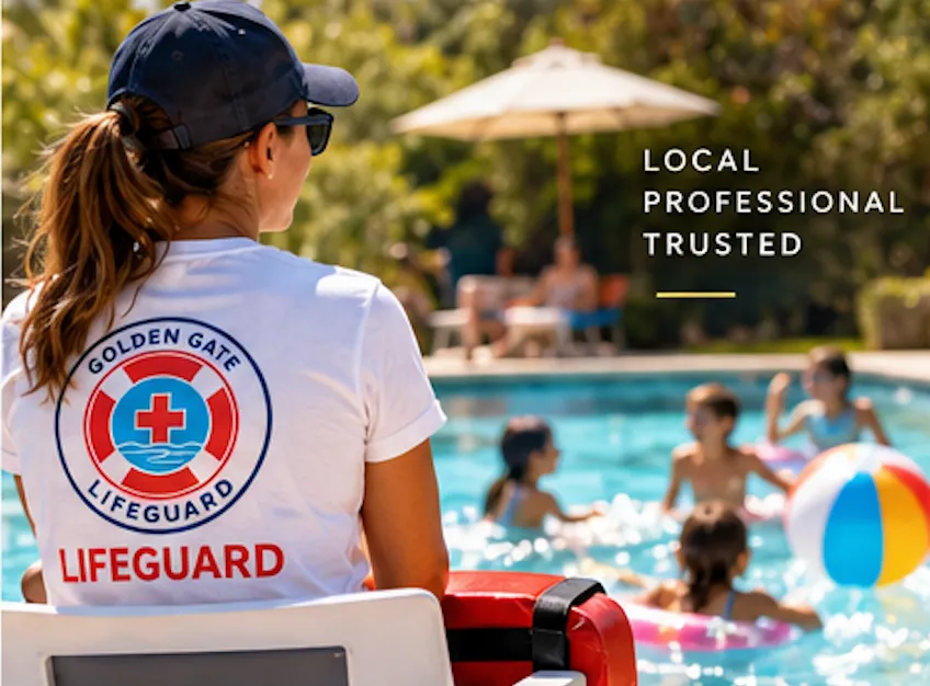 A Golden Gate Lifeguard staff member in a branded shirt watches children playing in a backyard pool.