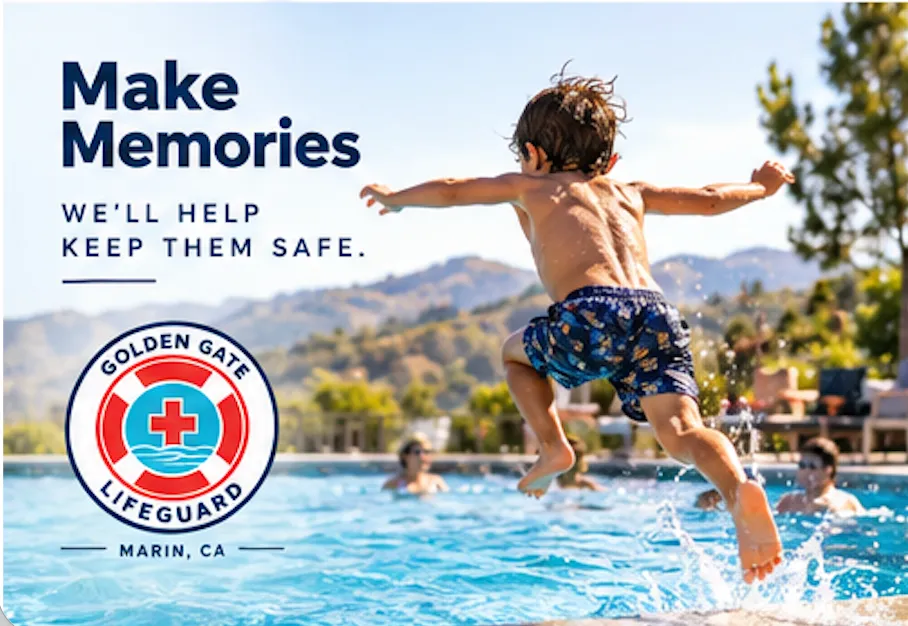 A child jumps into a backyard pool while other swimmers watch from the water.