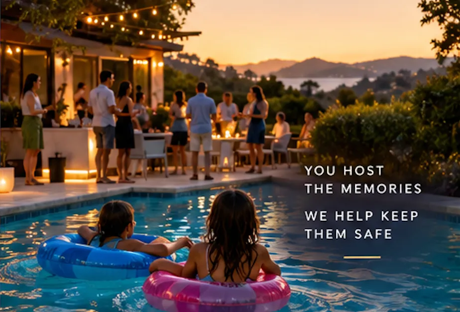 Two children float in a backyard pool while adults gather on the patio at sunset.