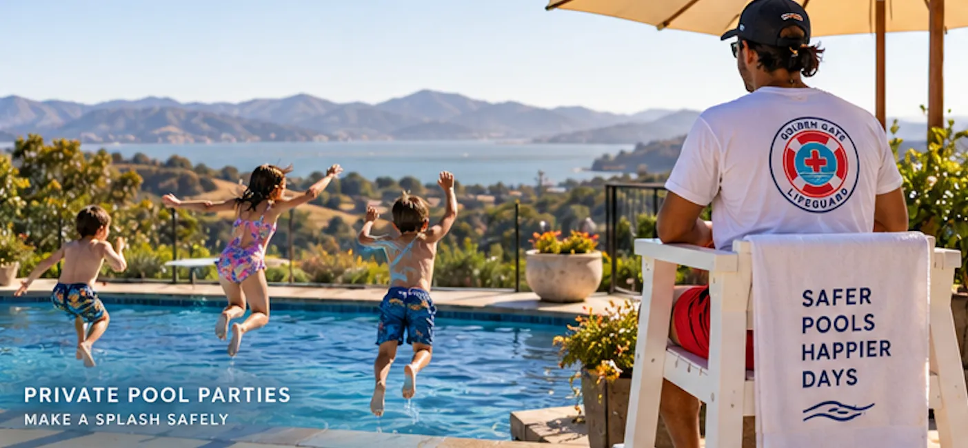 A lifeguard watches from a stand as three children jump into a hillside pool.