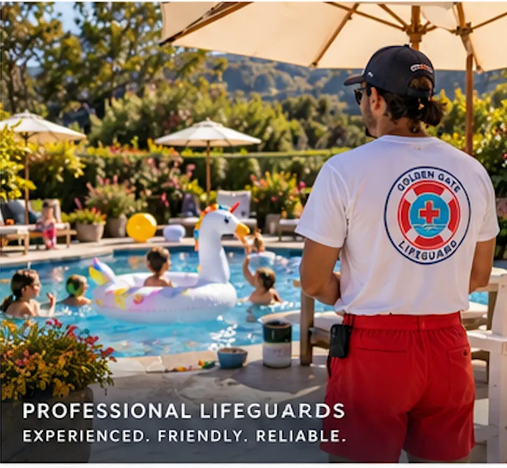 A Golden Gate Lifeguard stands at an outdoor pool while children play on floats.